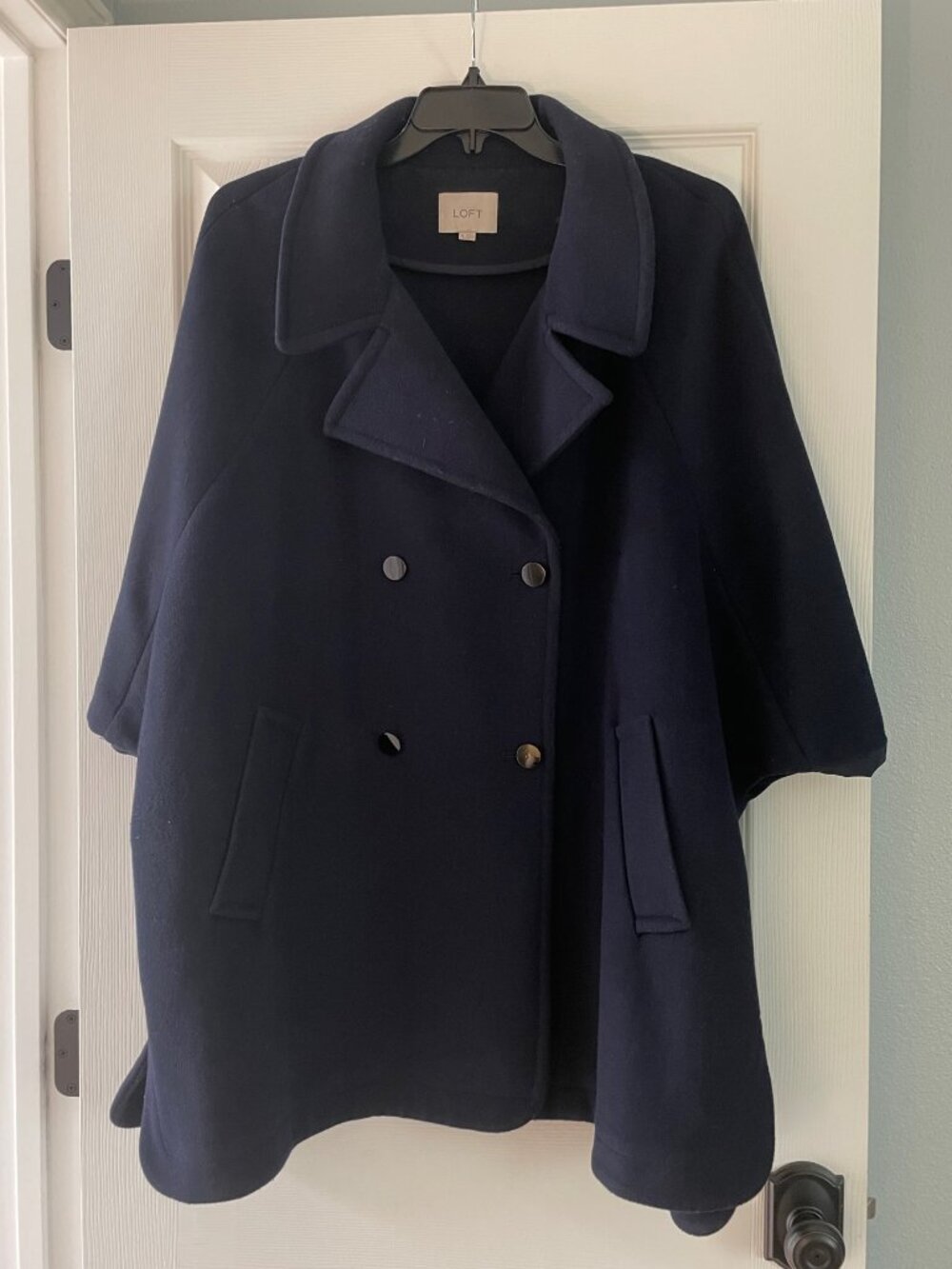 Loft Navy Blue Double-Breasted Cape Coat, wide notch collar, Open Arms Size XL